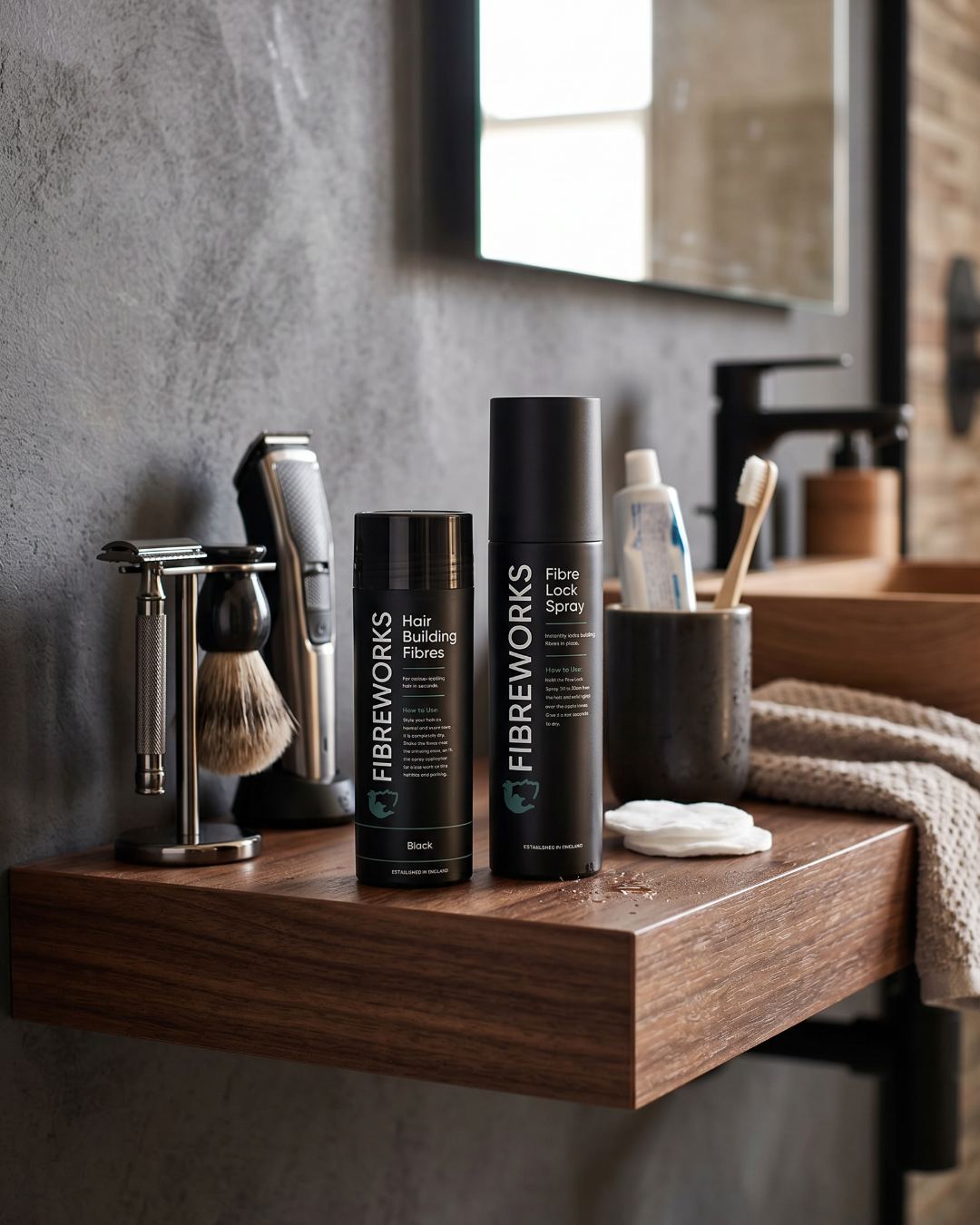 Fibreworks Hair Building Fibres and Fibre Lock Spray on a bathroom shelf