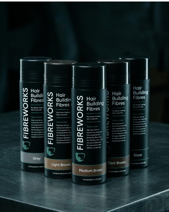 Fibreworks Hair Building Fibres kit in five shades — Grey, Light Brown, Medium Brown, Dark Brown and Black